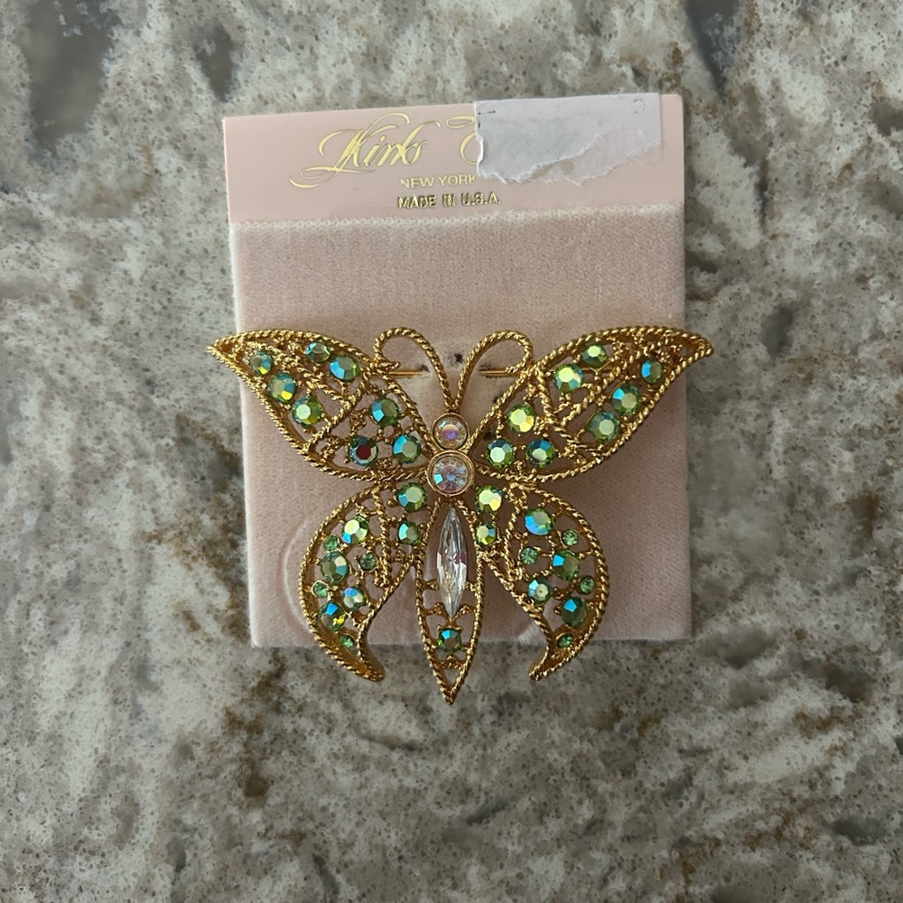 Gold Butterfly Brooch with Green Accents